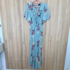 Womens Wide Leg Floral Jumpsuit Size Small Blu Ruffle Neck Cottage Romantic Boho